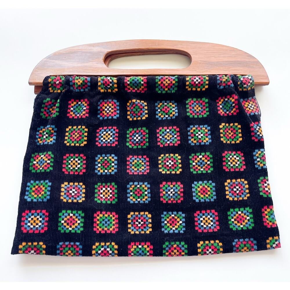 Vintage Printed Granny Square Project Bag Wood Handles for Needlework Crafts